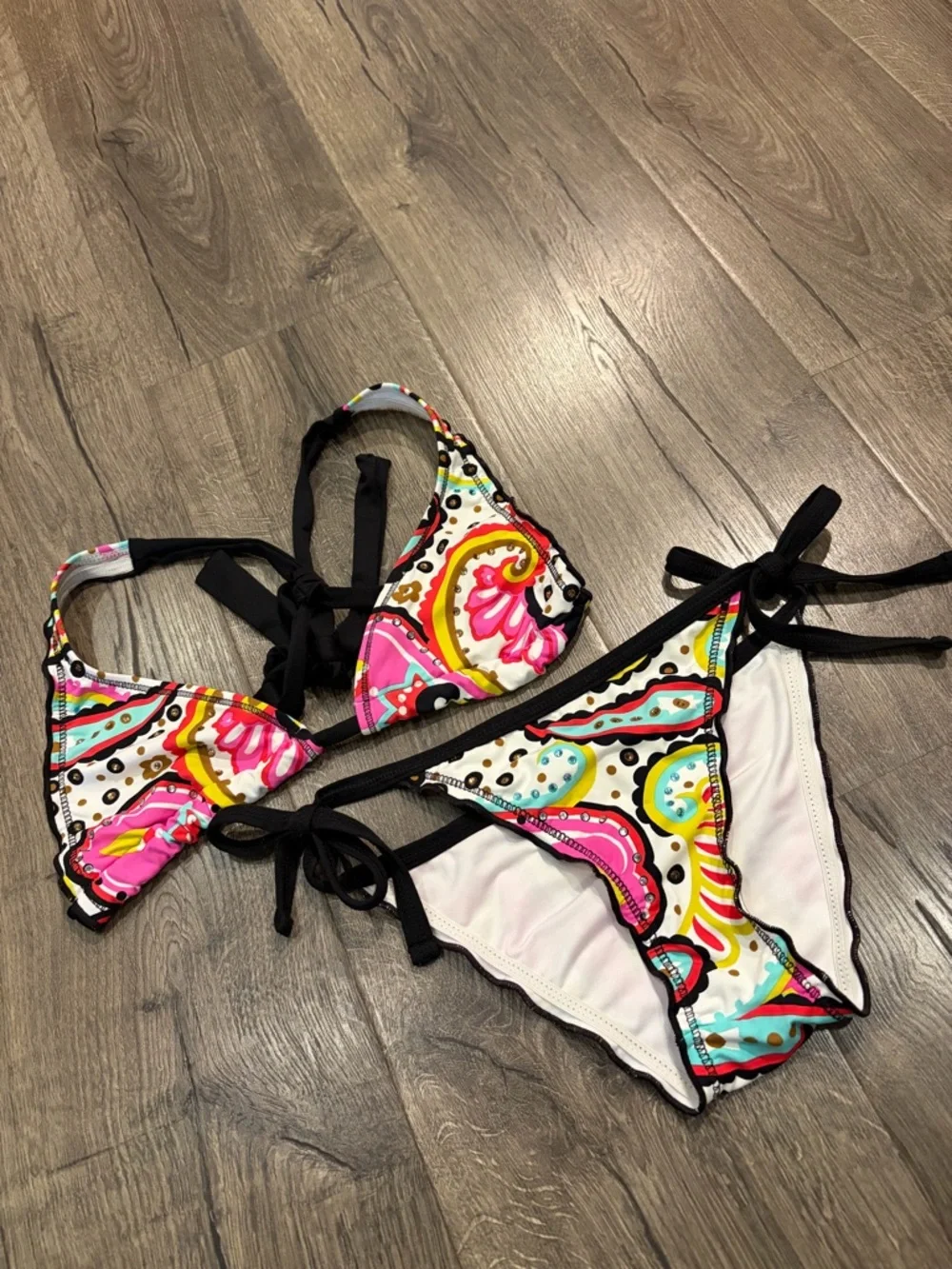 Cosita Linda Bikini 2 Pc Boho Paisley Rhinestone Embellished Ruffle Retro Y2K S - Picture 8 of 11